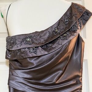 Patra Elegant Charcoal Gray One Shoulder Full Length Sleek Formal Dress